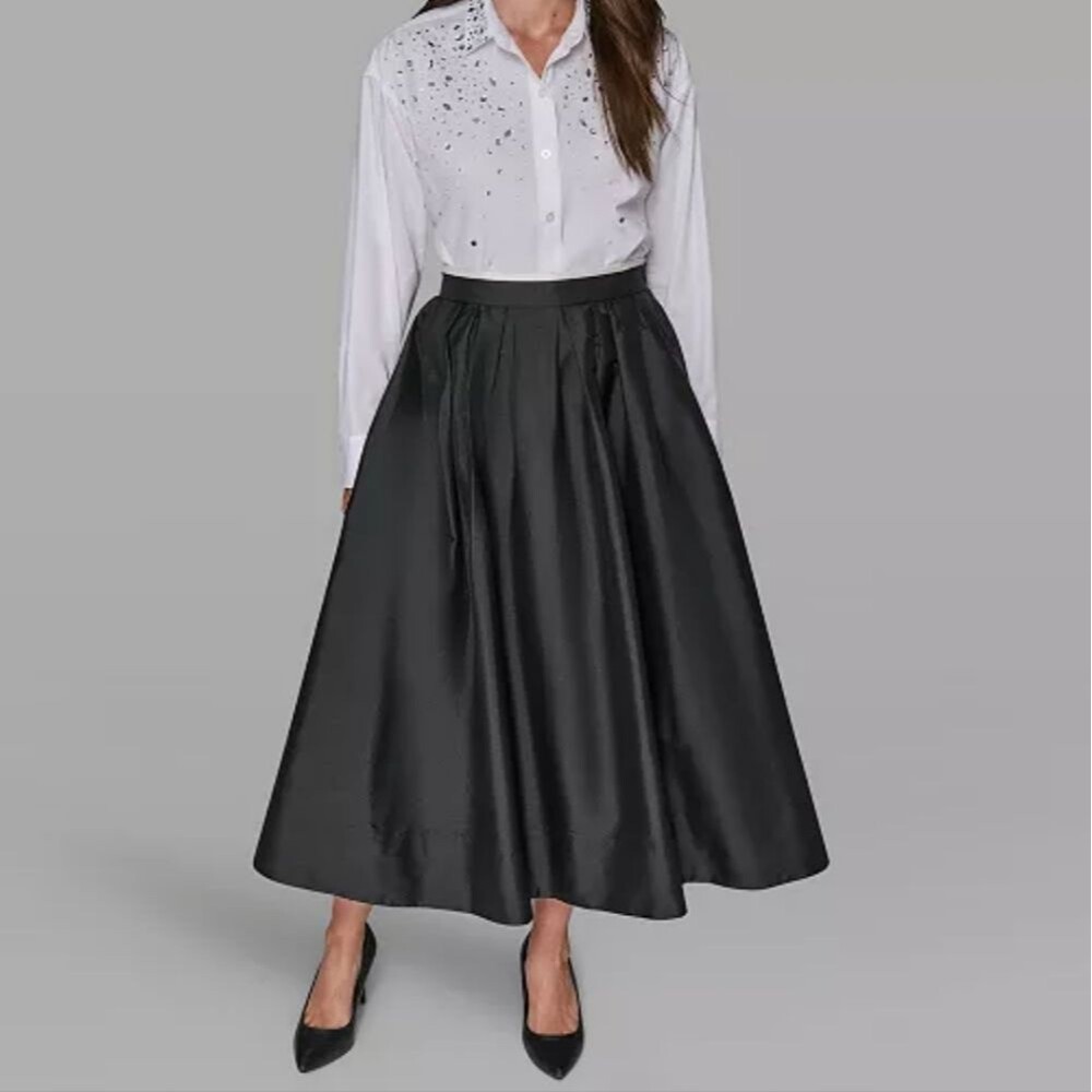 Black Satin Maxi Full skirt Formal Casual Small Pockets Elegant Quiet Luxury